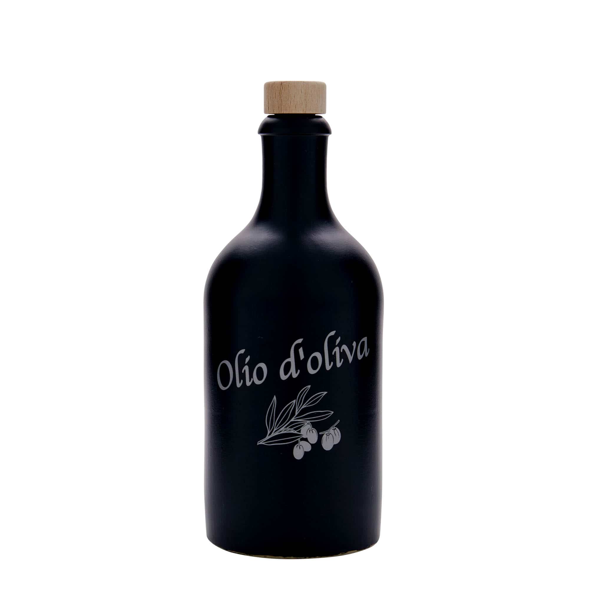 Glinena boca od 500 ml, motiv: Olio d'Oliva, keramika, crna, otvor: Plutani čep